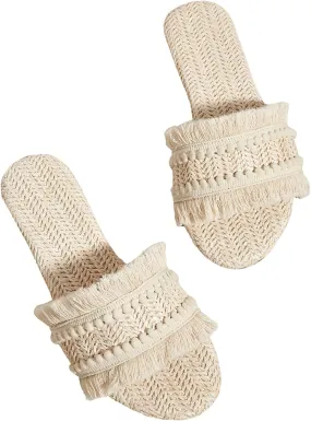 OYOANGLE Women's Fringe Straw Sandals Crochet Open Toe Single Band Flat Slip On Sandals