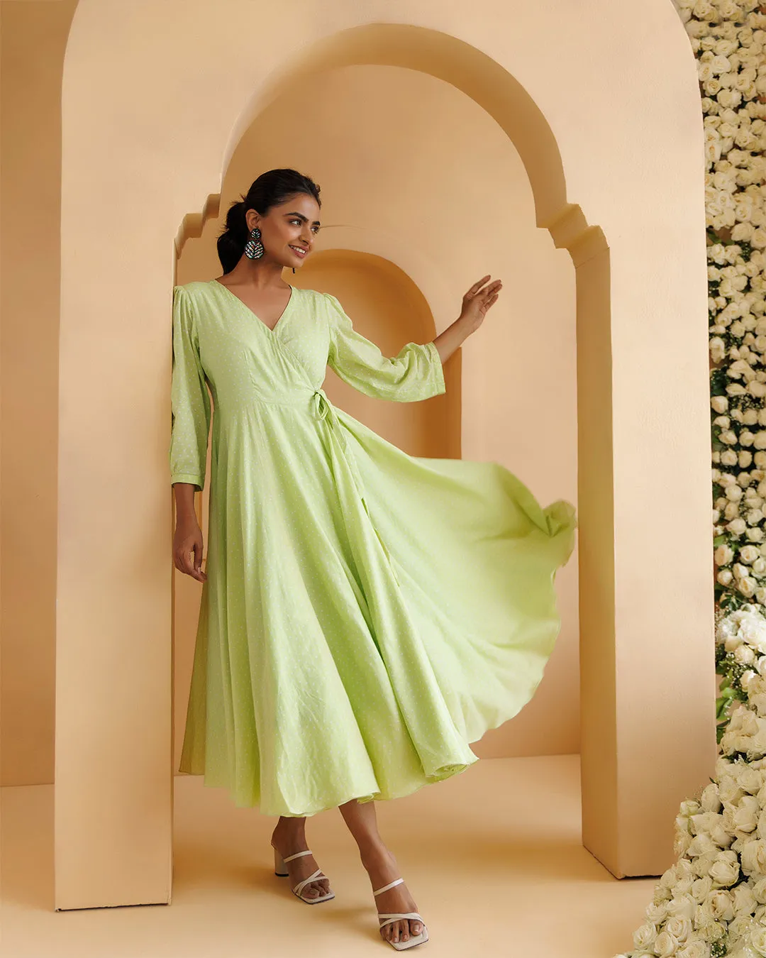 Qala Pista Green Polka Hand Block Printed Angrakha Dress