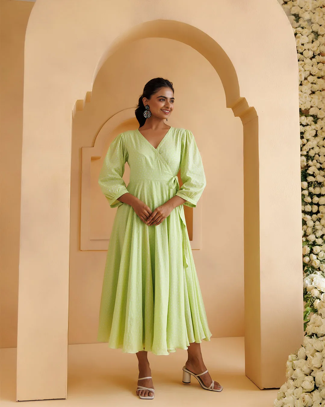 Qala Pista Green Polka Hand Block Printed Angrakha Dress