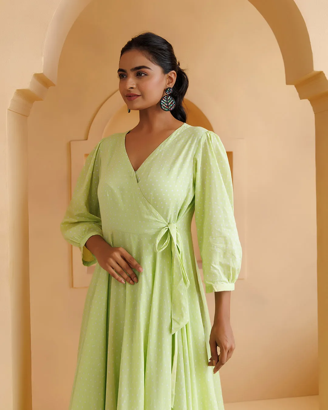 Qala Pista Green Polka Hand Block Printed Angrakha Dress