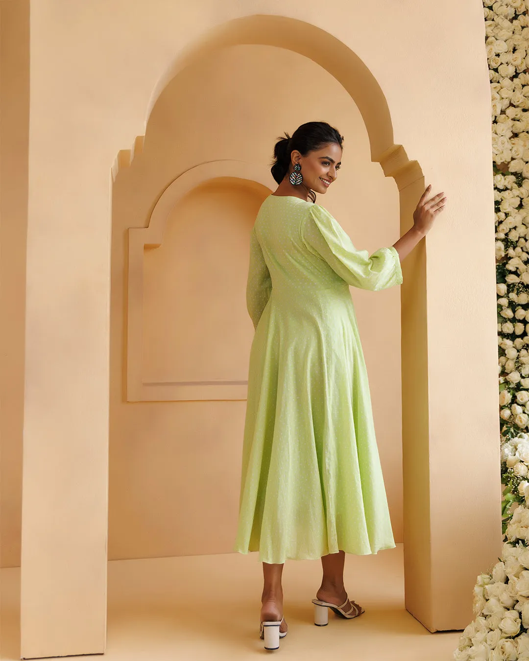 Qala Pista Green Polka Hand Block Printed Angrakha Dress