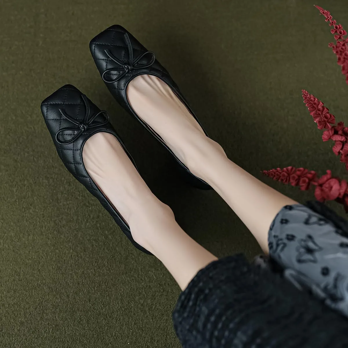 SHODENSE Women Square Closed Toe Flats Shoes with Bow Quilted Ballet Flats Slip On Comfortable Matte Leather Flat Heel Office Work Shoes Ladies Girls Driving Flats Club Church Spring Retro 4-11 M US