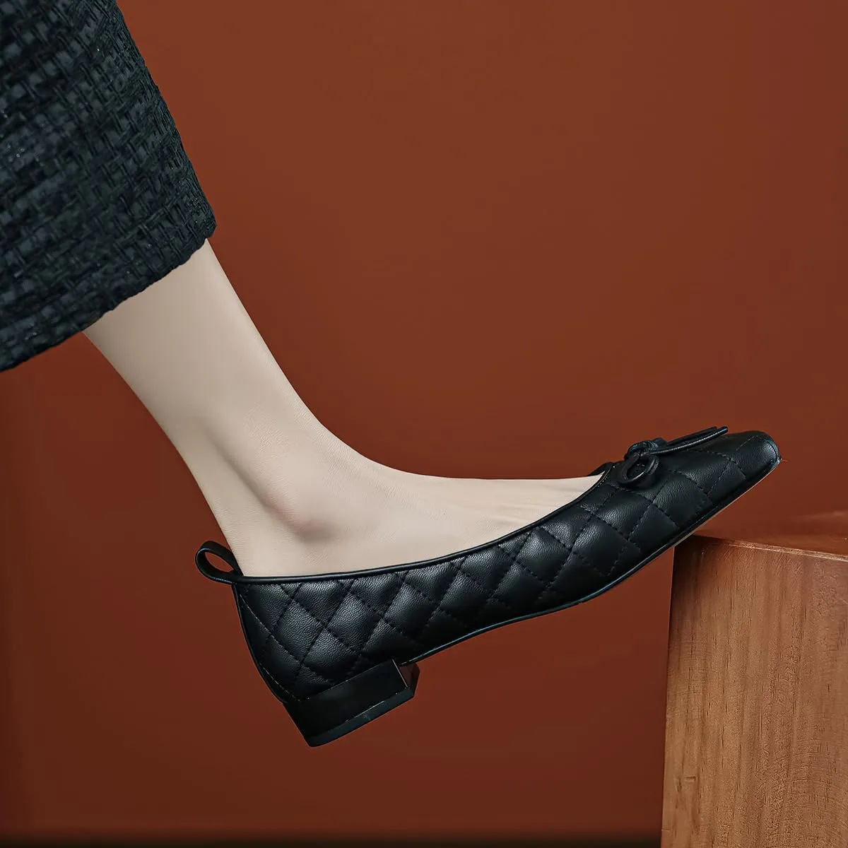 SHODENSE Women Square Closed Toe Flats Shoes with Bow Quilted Ballet Flats Slip On Comfortable Matte Leather Flat Heel Office Work Shoes Ladies Girls Driving Flats Club Church Spring Retro 4-11 M US