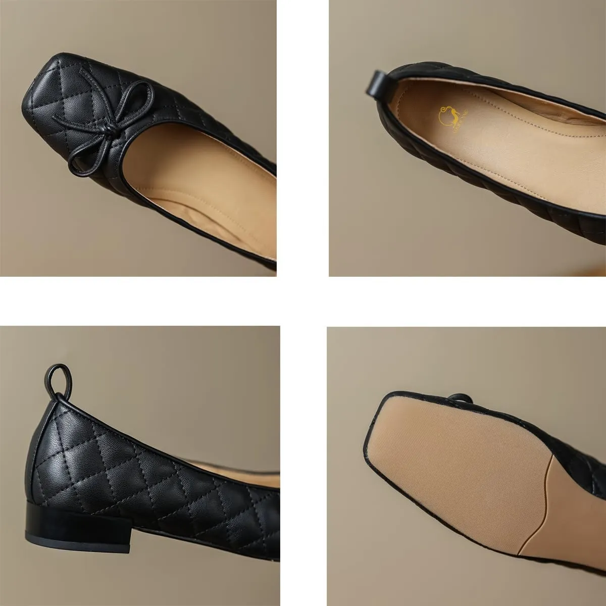 SHODENSE Women Square Closed Toe Flats Shoes with Bow Quilted Ballet Flats Slip On Comfortable Matte Leather Flat Heel Office Work Shoes Ladies Girls Driving Flats Club Church Spring Retro 4-11 M US