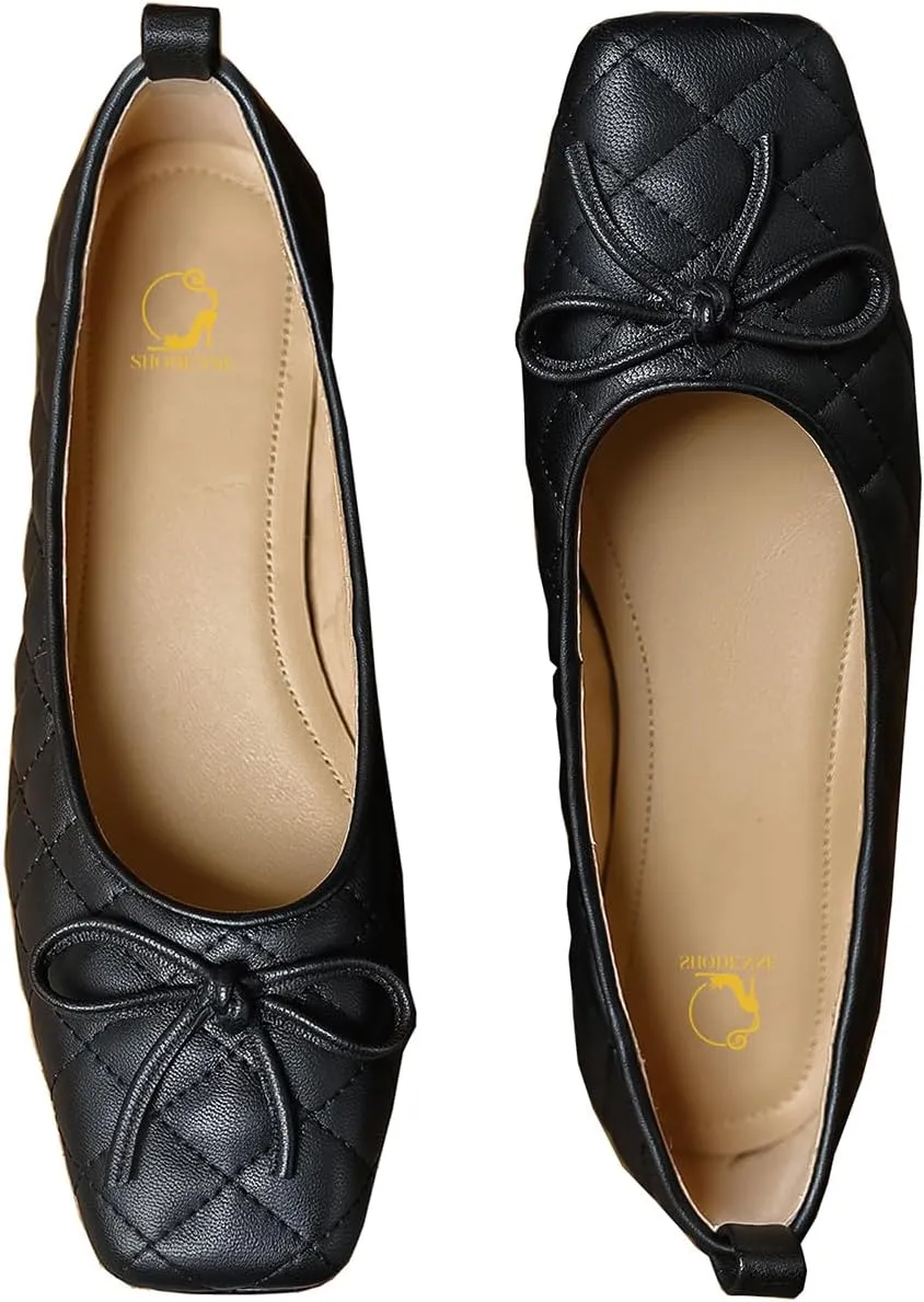 SHODENSE Women Square Closed Toe Flats Shoes with Bow Quilted Ballet Flats Slip On Comfortable Matte Leather Flat Heel Office Work Shoes Ladies Girls Driving Flats Club Church Spring Retro 4-11 M US