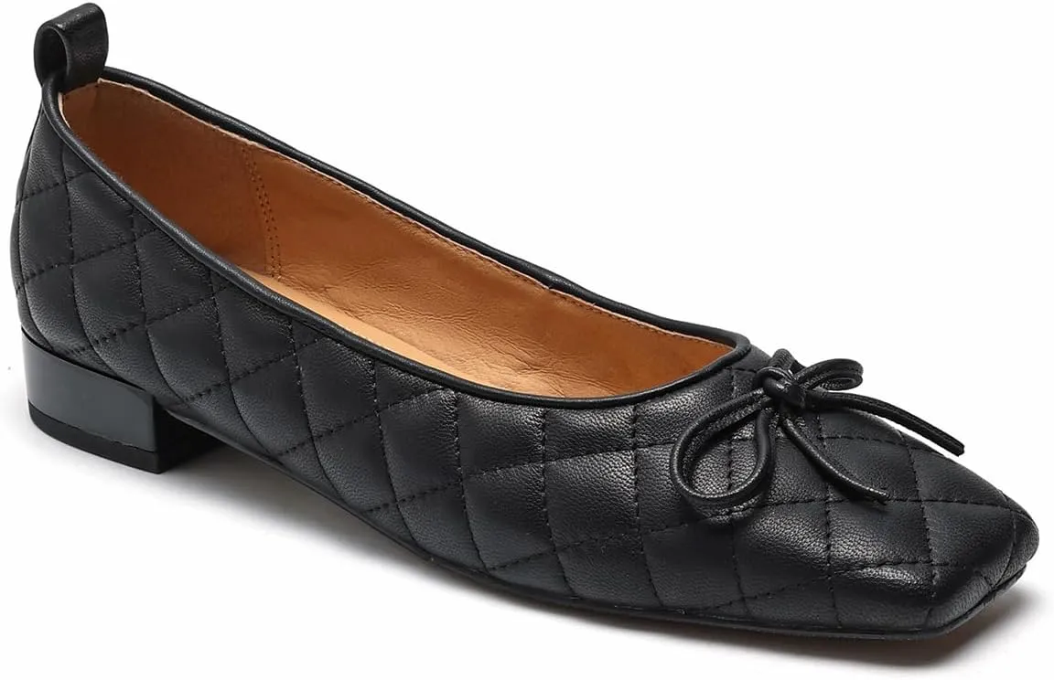 SHODENSE Women Square Closed Toe Flats Shoes with Bow Quilted Ballet Flats Slip On Comfortable Matte Leather Flat Heel Office Work Shoes Ladies Girls Driving Flats Club Church Spring Retro 4-11 M US