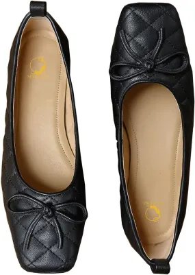 SHODENSE Women Square Closed Toe Flats Shoes with Bow Quilted Ballet Flats Slip On Comfortable Matte Leather Flat Heel Office Work Shoes Ladies Girls Driving Flats Club Church Spring Retro 4-11 M US