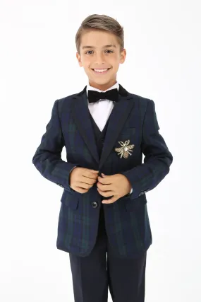 Stylish Boys Tartan Plaid Suit - Navy Blue - Green