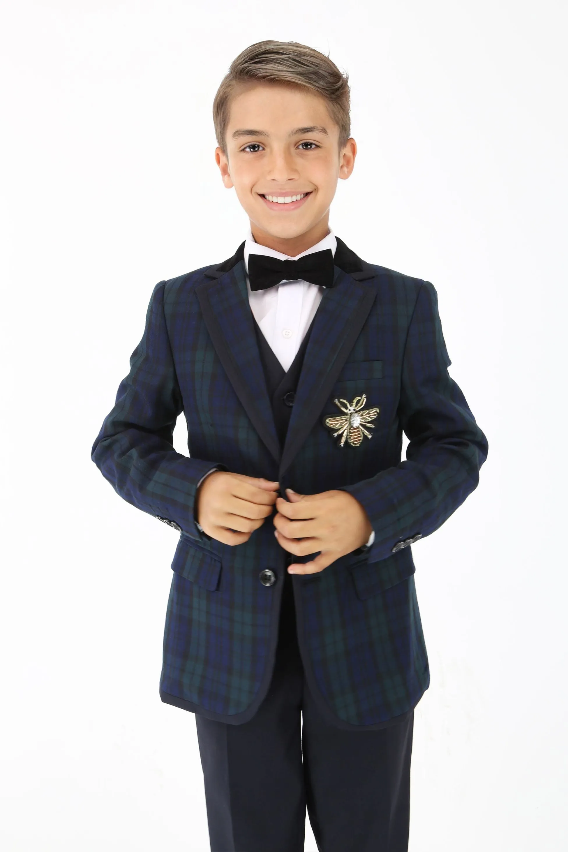 Stylish Boys Tartan Plaid Suit - Navy Blue - Green