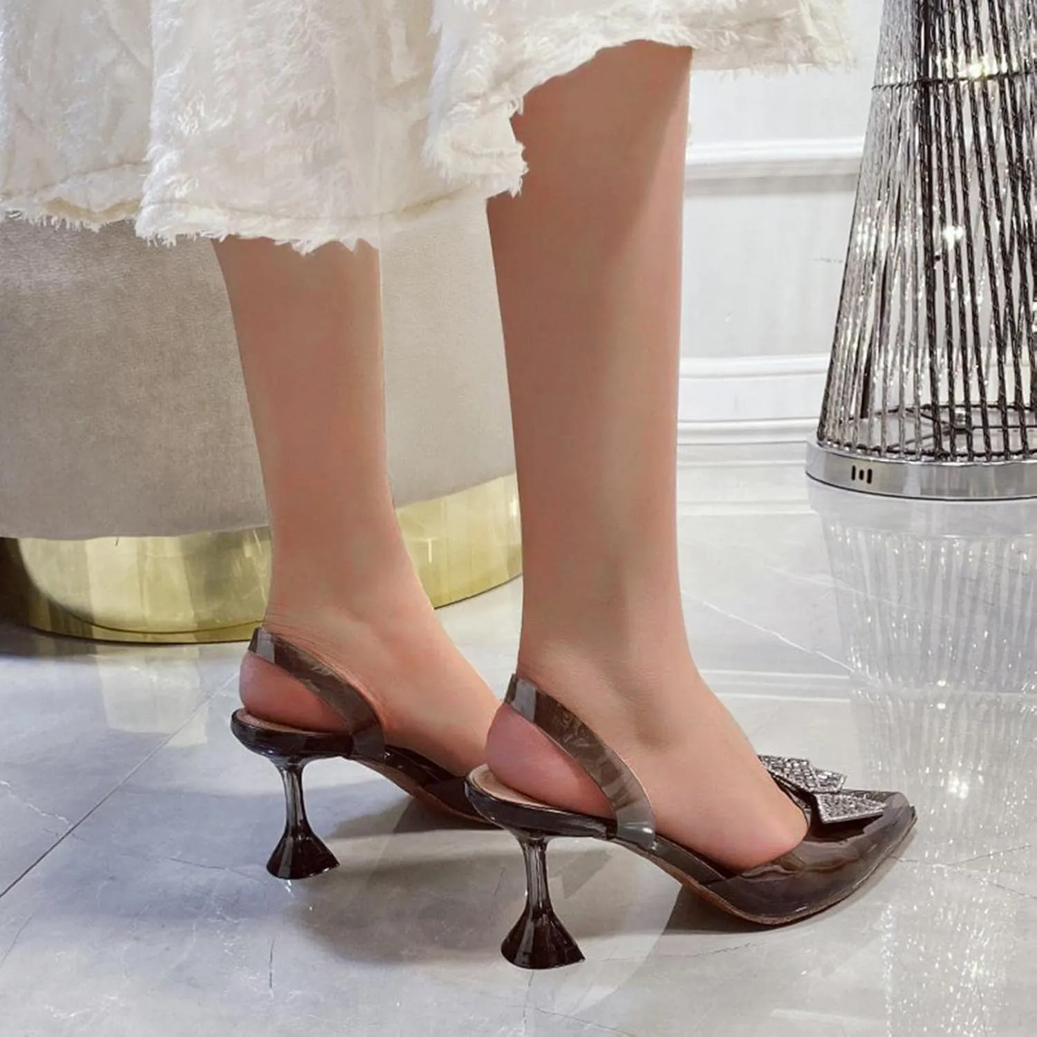 Trendy Pointed Toe High Heel Rhinestone Bow Clear Stiletto Sandals for Women Dressy, Summer Casual High Heel Wedge Sandals for Women Ladies and Girls