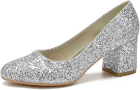 Women Comfortable Mid Heel Sparkling Closed Toe Dress Pumps Round Head Sequins Wedding Evening Party Shoes