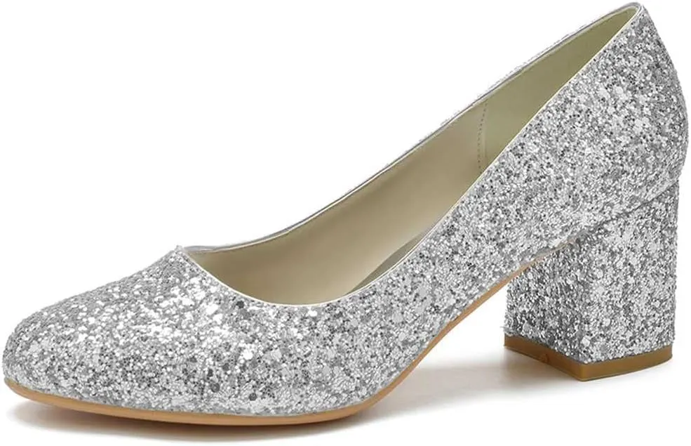 Women Comfortable Mid Heel Sparkling Closed Toe Dress Pumps Round Head Sequins Wedding Evening Party Shoes