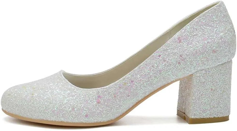 Women Comfortable Mid Heel Sparkling Closed Toe Dress Pumps Round Head Sequins Wedding Evening Party Shoes
