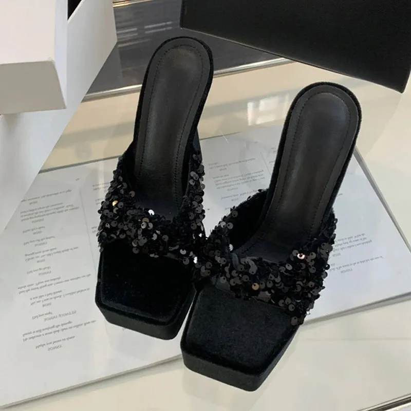Women Sequin Square Toe Super High Heel Sandals