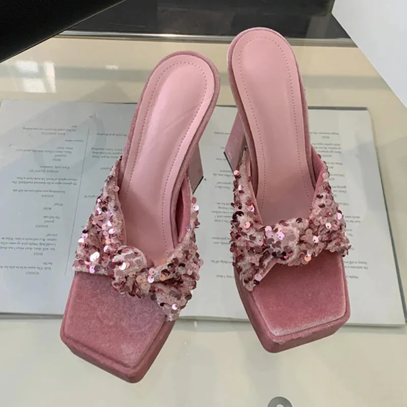 Women Sequin Square Toe Super High Heel Sandals