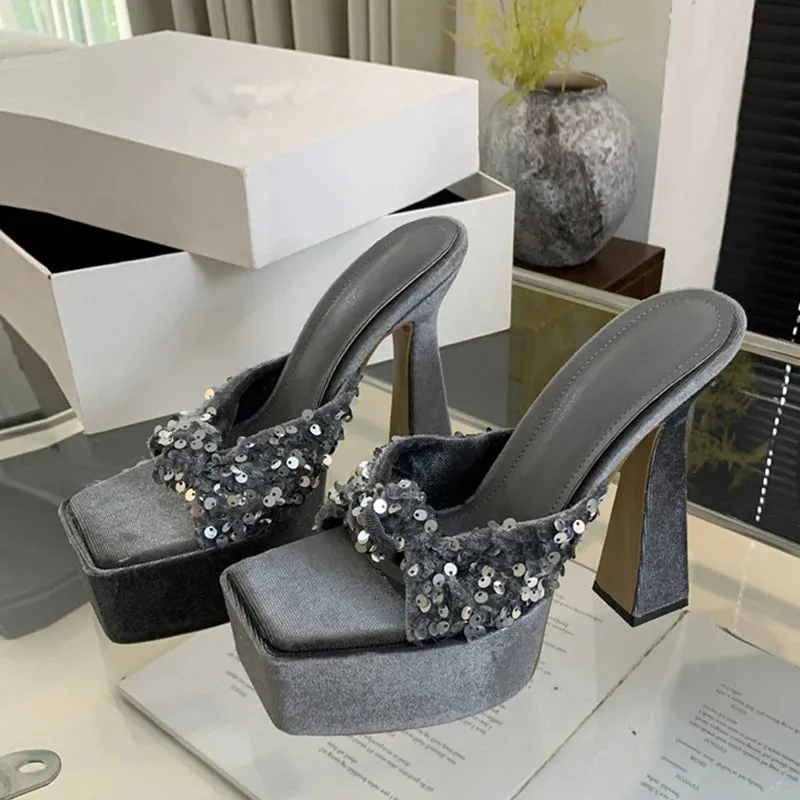 Women Sequin Square Toe Super High Heel Sandals