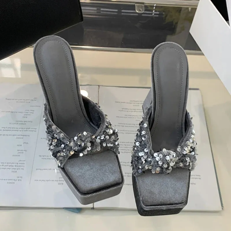Women Sequin Square Toe Super High Heel Sandals