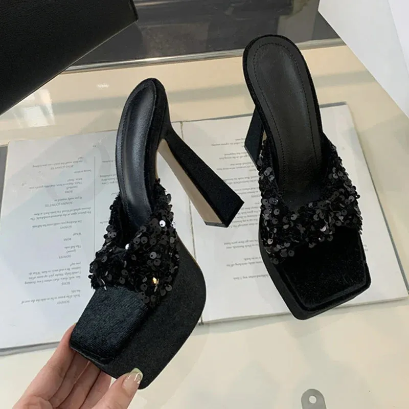 Women Sequin Square Toe Super High Heel Sandals