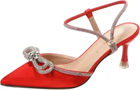 Women's Satin Bow Rhinestone Kitten Heel Pumps Closed Pointed Toe Adjustable Ankle Strap Mid Heel Mule Shoes Sexy Bridal Wedding Party Dress Sandals