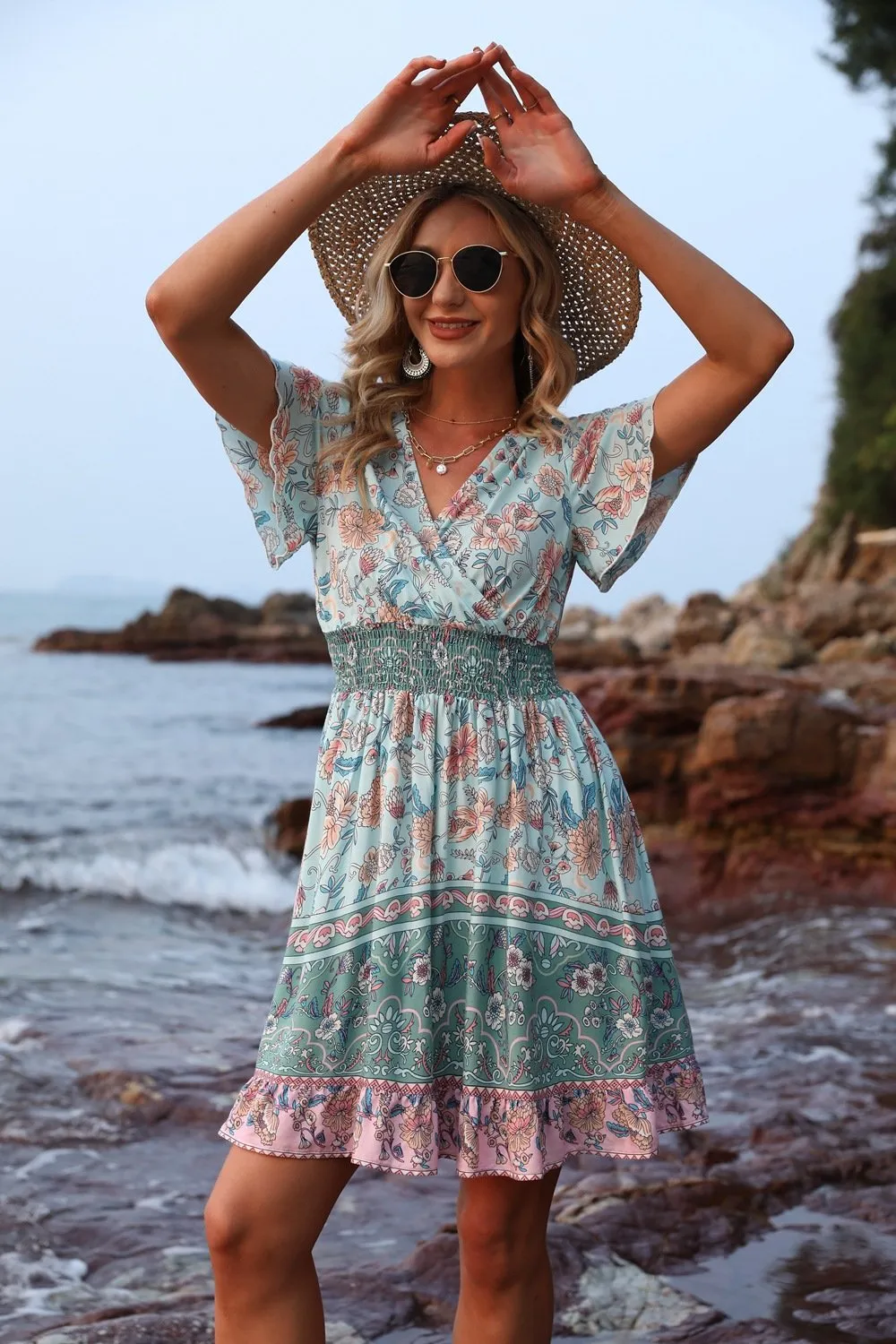 Women's Sexy High Waist V-neck Short Sleeve Floral Print Dress