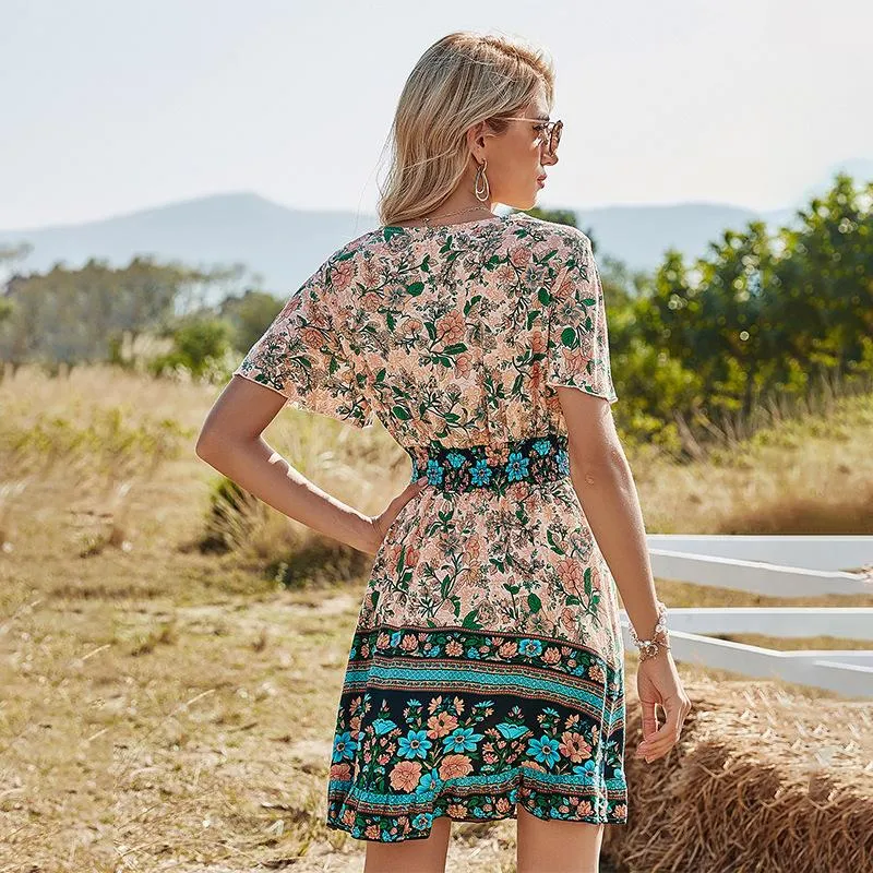 Women's Sexy High Waist V-neck Short Sleeve Floral Print Dress