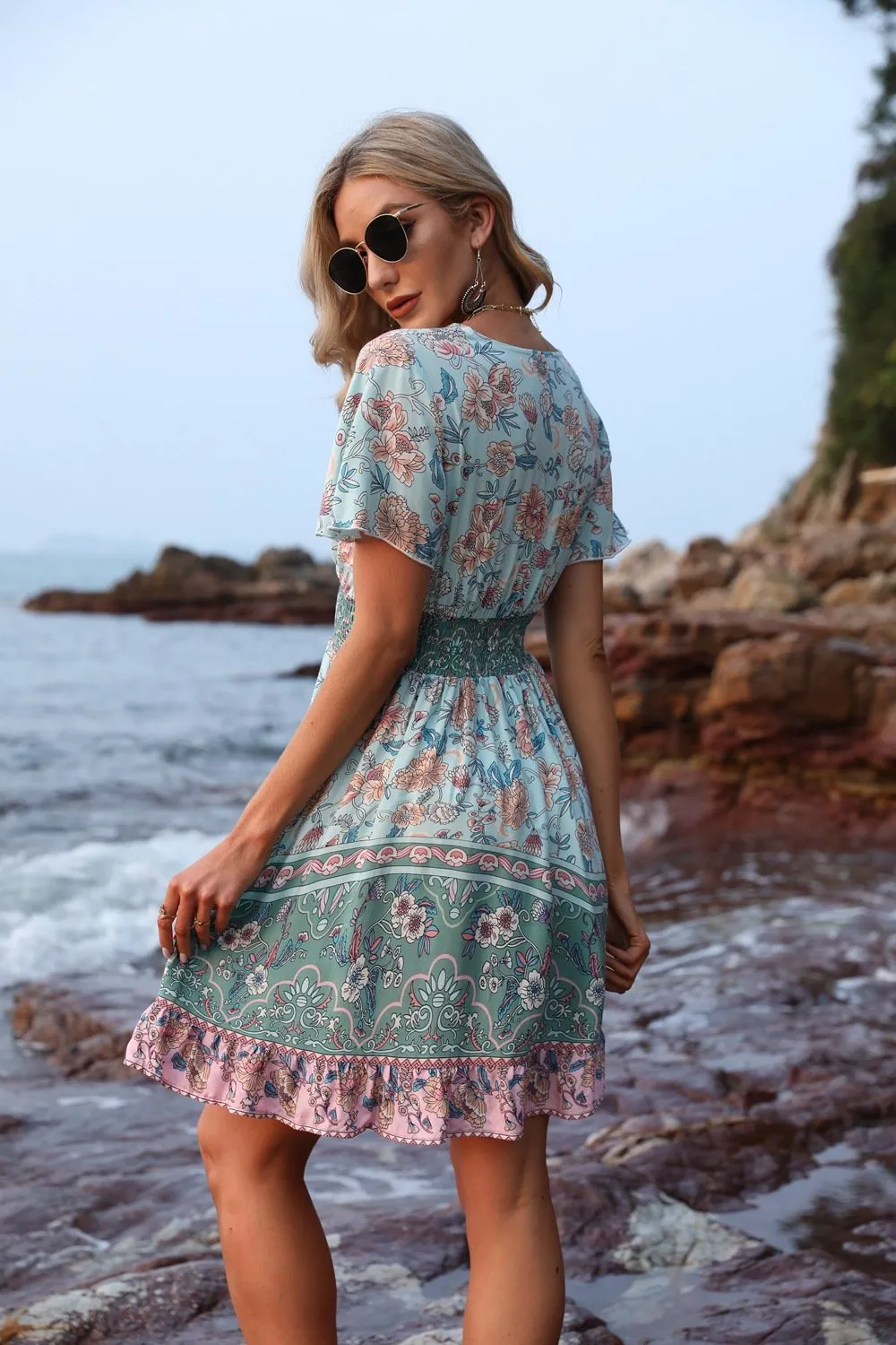 Women's Sexy High Waist V-neck Short Sleeve Floral Print Dress