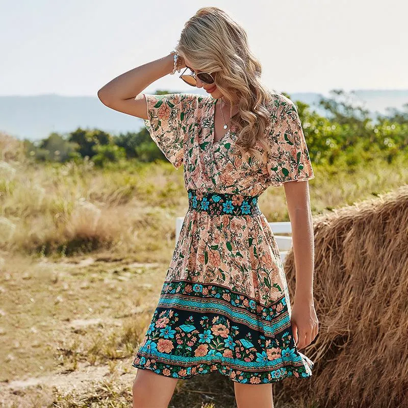 Women's Sexy High Waist V-neck Short Sleeve Floral Print Dress