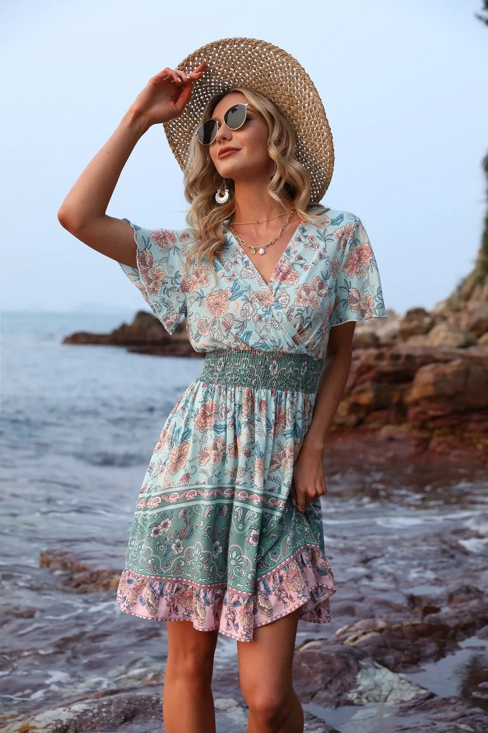 Women's Sexy High Waist V-neck Short Sleeve Floral Print Dress