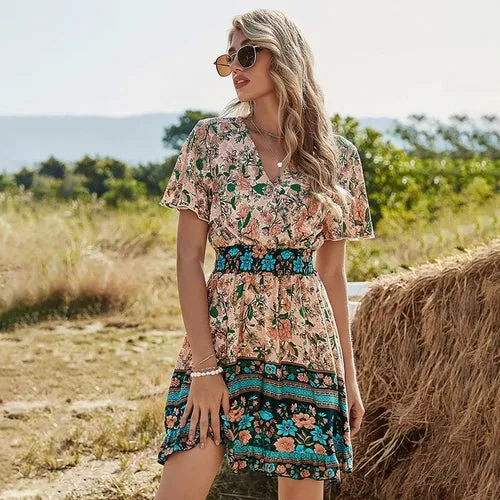 Women's Sexy High Waist V-neck Short Sleeve Floral Print Dress