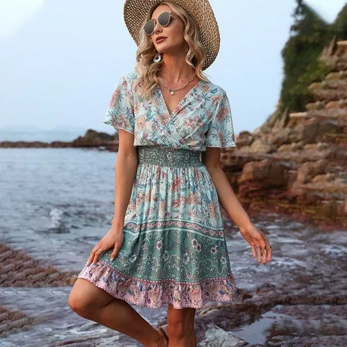 Women's Sexy High Waist V-neck Short Sleeve Floral Print Dress
