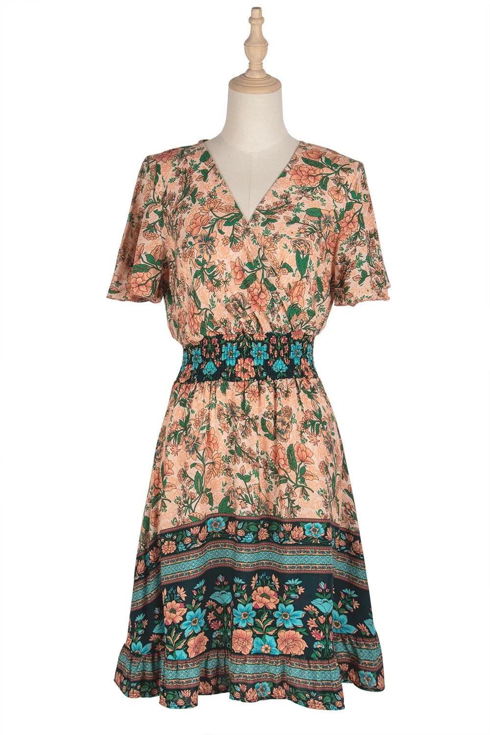 Women's Sexy High Waist V-neck Short Sleeve Floral Print Dress