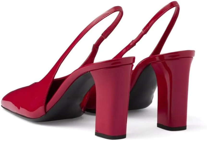 Women's Slingback High Heel Pumps Square Toe Backstrap Sandals Block High Heel Patent Leather Slip On Wedding Party Dress Shoes for Women