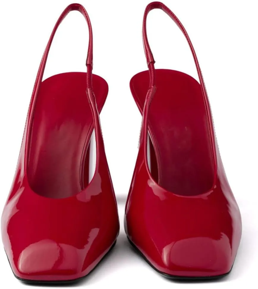 Women's Slingback High Heel Pumps Square Toe Backstrap Sandals Block High Heel Patent Leather Slip On Wedding Party Dress Shoes for Women