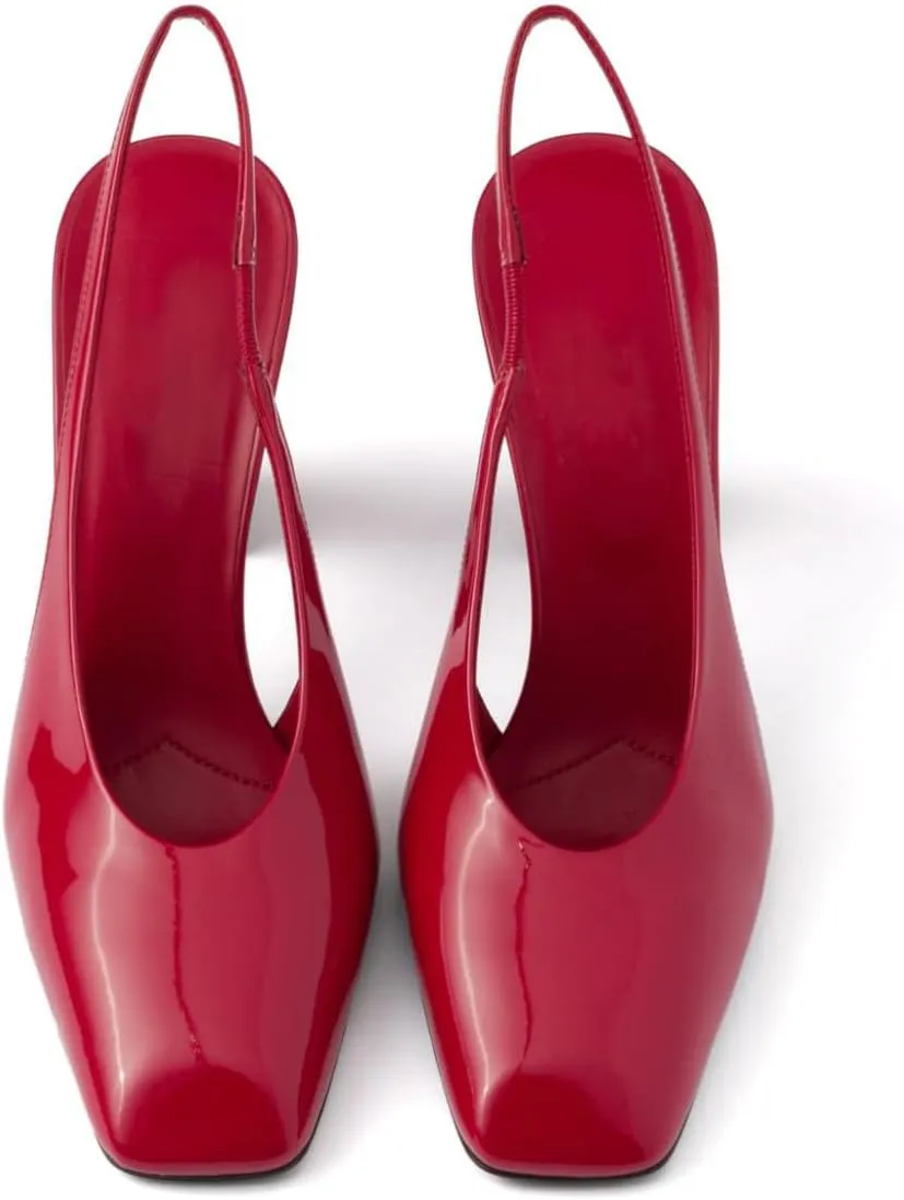 Women's Slingback High Heel Pumps Square Toe Backstrap Sandals Block High Heel Patent Leather Slip On Wedding Party Dress Shoes for Women