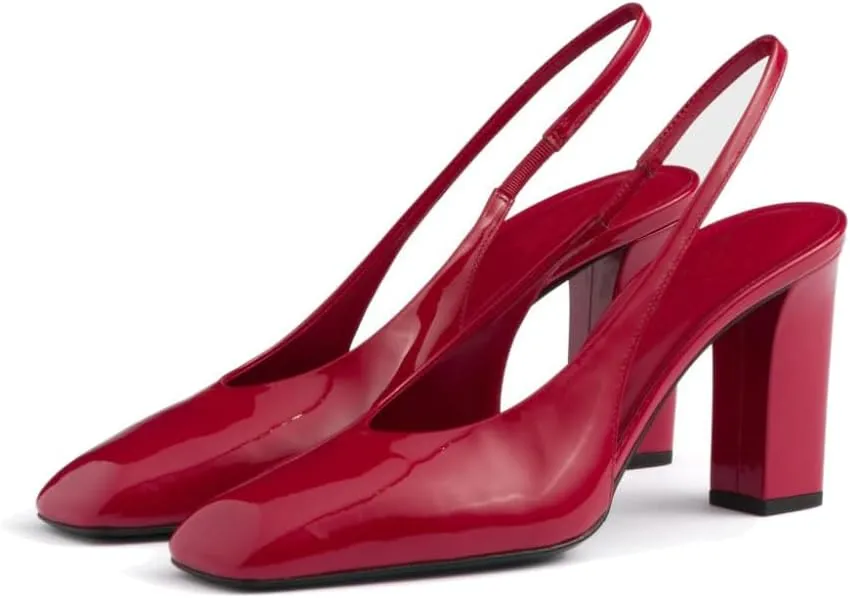 Women's Slingback High Heel Pumps Square Toe Backstrap Sandals Block High Heel Patent Leather Slip On Wedding Party Dress Shoes for Women