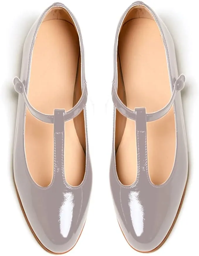 Women's Vintage Patent Leather Round Toe Cutout T-Strap Dress Flats Shoes Comfortable Causal Closed Toe Slip On Mary Jane Flats Pumps