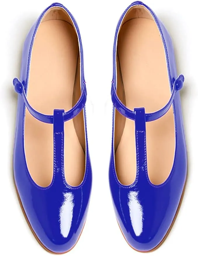 Women's Vintage Patent Leather Round Toe Cutout T-Strap Dress Flats Shoes Comfortable Causal Closed Toe Slip On Mary Jane Flats Pumps