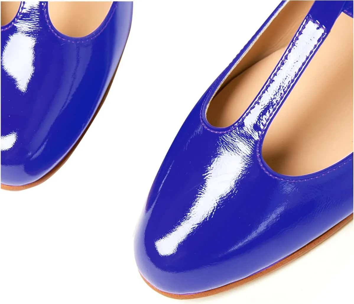 Women's Vintage Patent Leather Round Toe Cutout T-Strap Dress Flats Shoes Comfortable Causal Closed Toe Slip On Mary Jane Flats Pumps