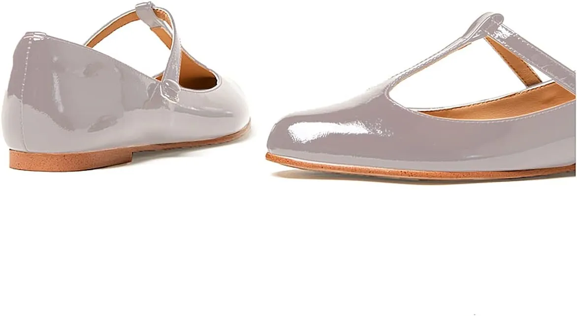 Women's Vintage Patent Leather Round Toe Cutout T-Strap Dress Flats Shoes Comfortable Causal Closed Toe Slip On Mary Jane Flats Pumps