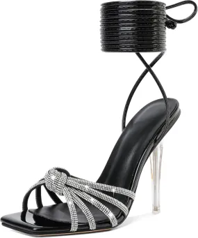 YODEKS Women's High Heel Sandals Strappy Stiletto High Heel Open Square Toe Shoes